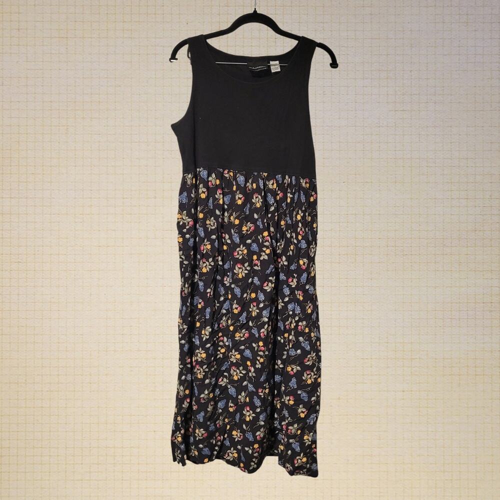 Cottagecore UM & Company Summer Dress Cotton Stretch Black Fruit Print Large